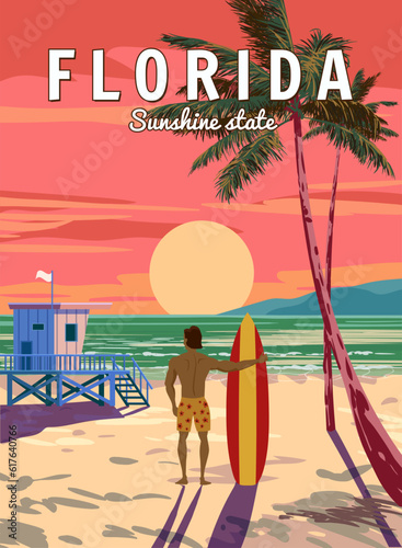 Florida Soutn Beach Retro Poster, surfer with surfboard. Lifeguard house on the beach, palm, coast, surf, ocean. Vector illustration vintage