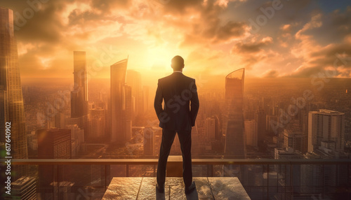 Successful businessman standing on skyscraper roof, overlooking city skyline at dusk generated by AI