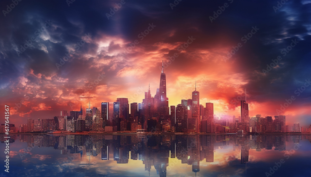 Modern city skyline illuminated by sunset, reflecting on water generated by AI