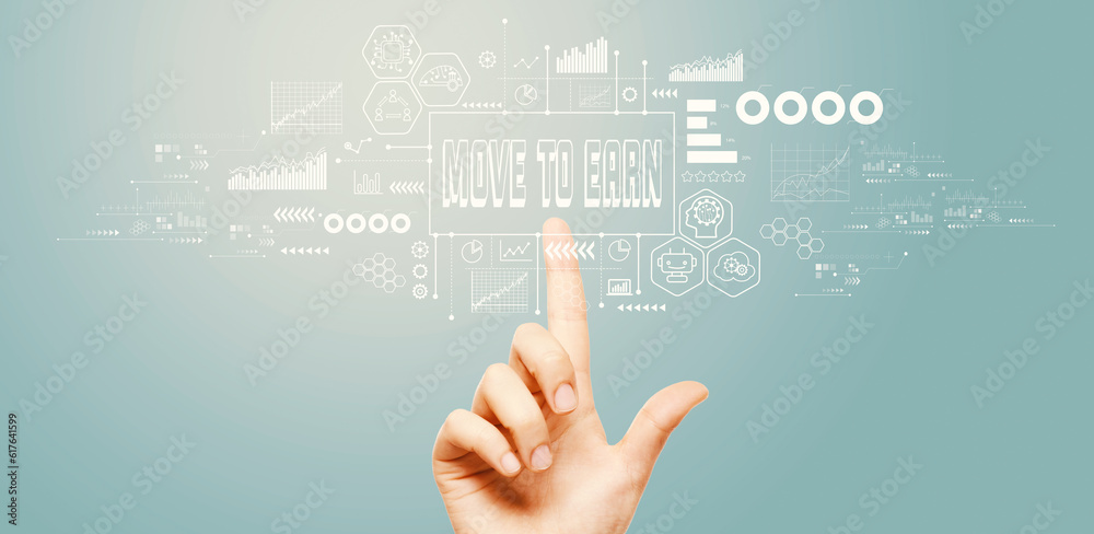 Move to Earn theme with hand pressing a button on a technology screen Move to Earn theme with hand pressing a button on a technology screen