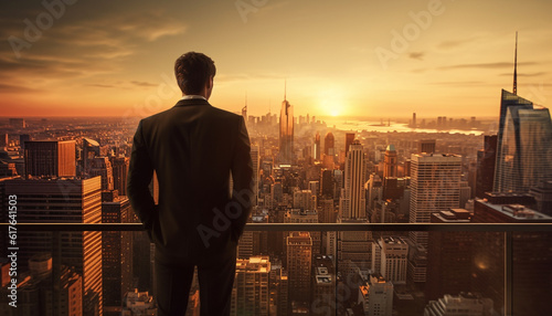 Confident businessman standing on rooftop, overlooking city skyline at dusk generated by AI