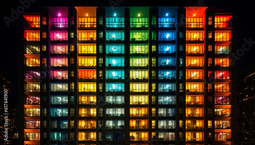 Modern skyscraper illuminates city skyline with vibrant glass facade generated by AI