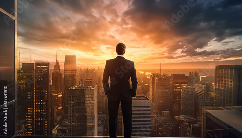 Confident businessman standing on rooftop, overlooking city skyline at sunset generated by AI