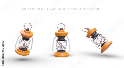 Set of 3D kerosene lamps on white background. Insulated hand held glass light in various positions. Camping portable lighting equipment. Hot blast lamp with fire