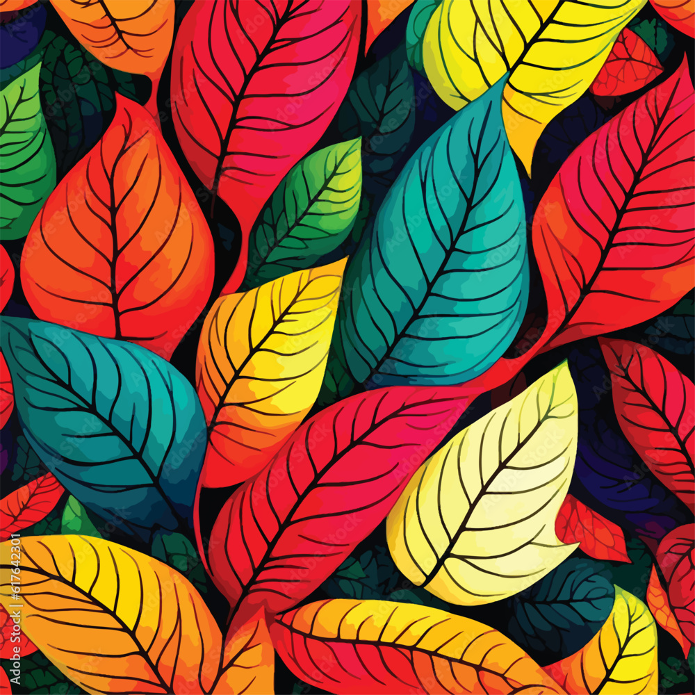 Beautiful hand-drawn and rainbow-colored abstract leaves pattern Beautiful hand-drawn and rainbow-colored abstract leaves pattern