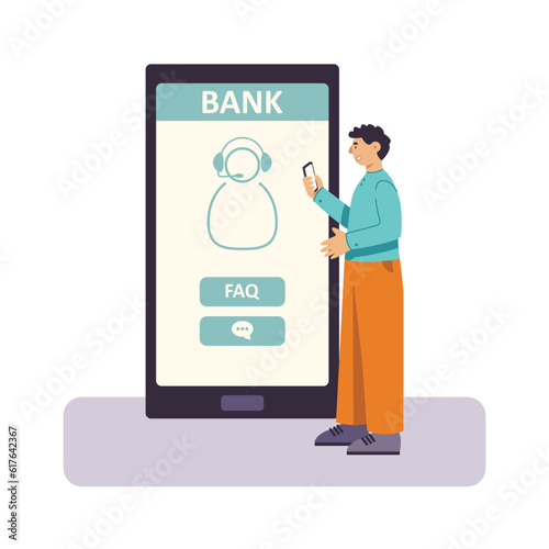 Conversation with bank operator. Online consultation by phone. Application on smartphone for prompt receipt of information. Chat with consultant, FAQ. Male vector character waiting for answer
