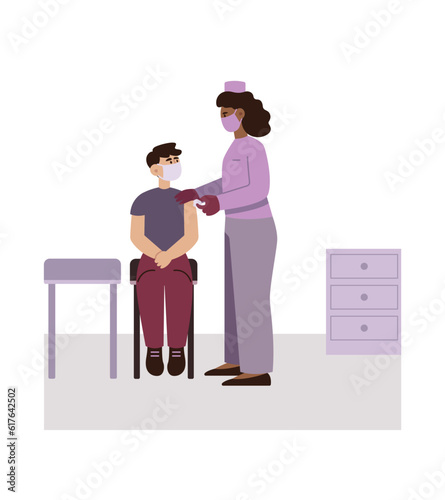 Nurse treats wound after vaccination. Disinfection of injection site. Sterile conditions. Hygiene of preventive anti epidemic procedures. Protection from pandemic outbreak