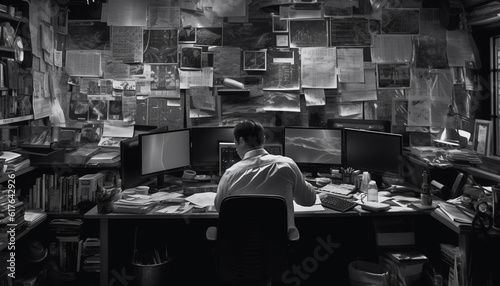 Businessman using computer equipment at desk in modern office library generated by AI