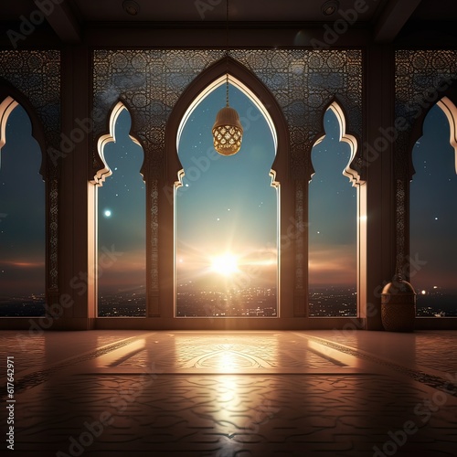 Islamic art background with crescent moon. Generative ai.