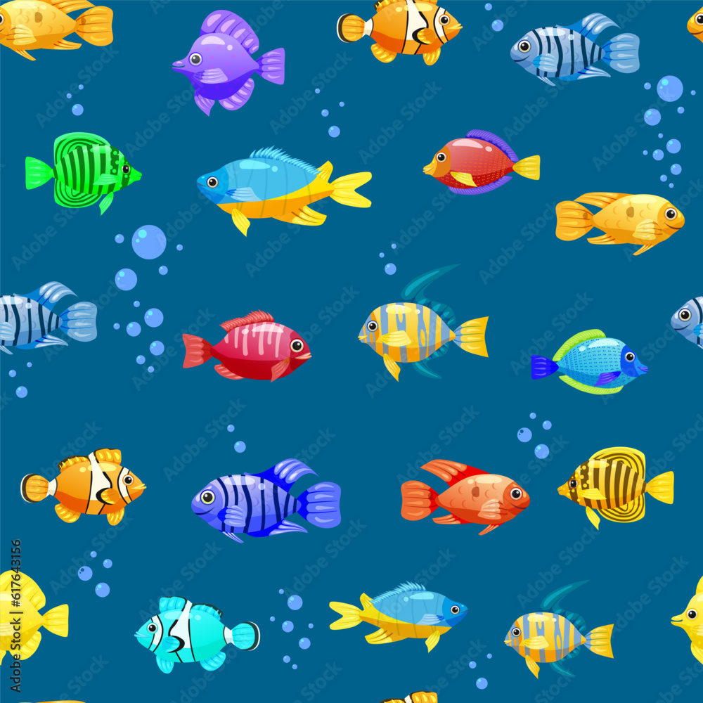 Naklejka premium Tropical fishes cartoon seamless pattern. Cute funny underwater characters