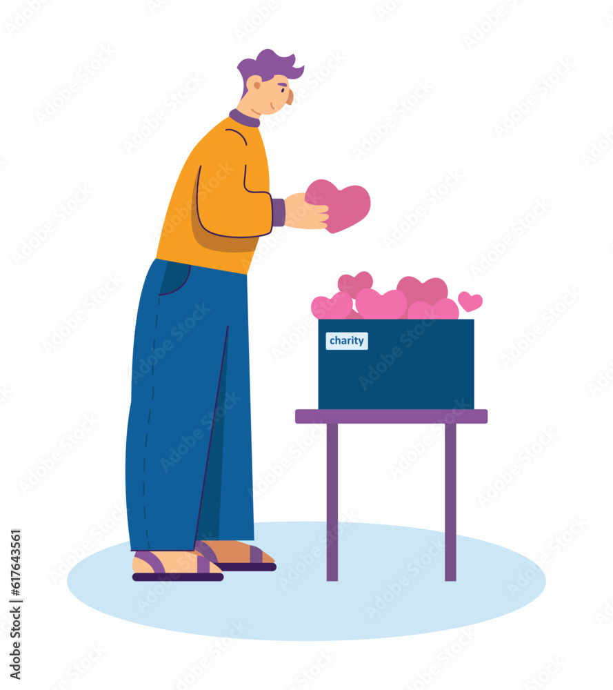 Young male standing near box, holding heart postcard and making donations. Aid, assistance and help concept. Charity and hope. Flat vector illustration in purple colors