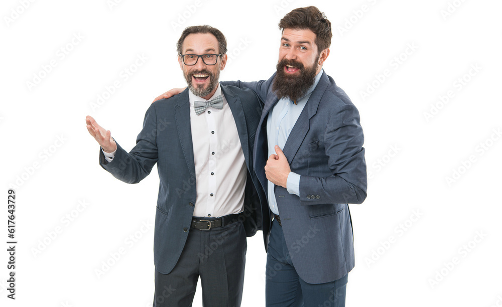 Proud of colleague. Let me introduce business partner. Men entrepreneurs white background. Business team. Business people concept. Men bearded formal suits. Successful partnership. Achieve success Proud of colleague. Let me introduce business partner. Men entrepreneurs white background. Business team. Business people concept. Men bearded formal suits. Successful partnership. Achieve success