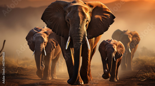 A family or herd of African Elephants march in a line toward