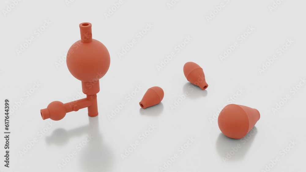 Red rubber pipette bulbs, big medium and small sizes, 3d rendering