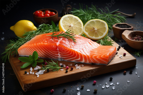 Fresh salmon steak with herbs lemon and ingredients for cooking in kitchen,generative .ai