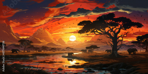 Illustration, African sunset panoramic background with silhouette of the animals