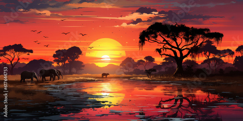 Illustration  African sunset panoramic background with silhouette of the animals