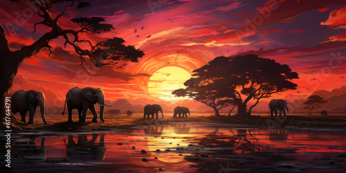 Illustration  African sunset panoramic background with silhouette of the animals