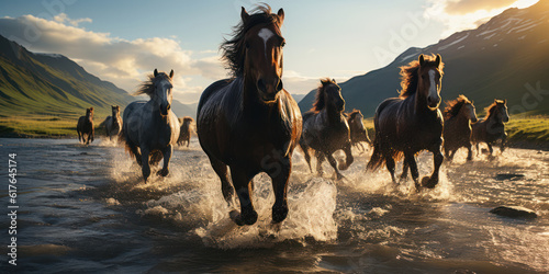 Beautiful white horses running on the water against the background