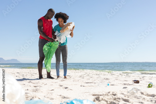 Happy african american couple cleaning sunny beach and collecting litter, copy space