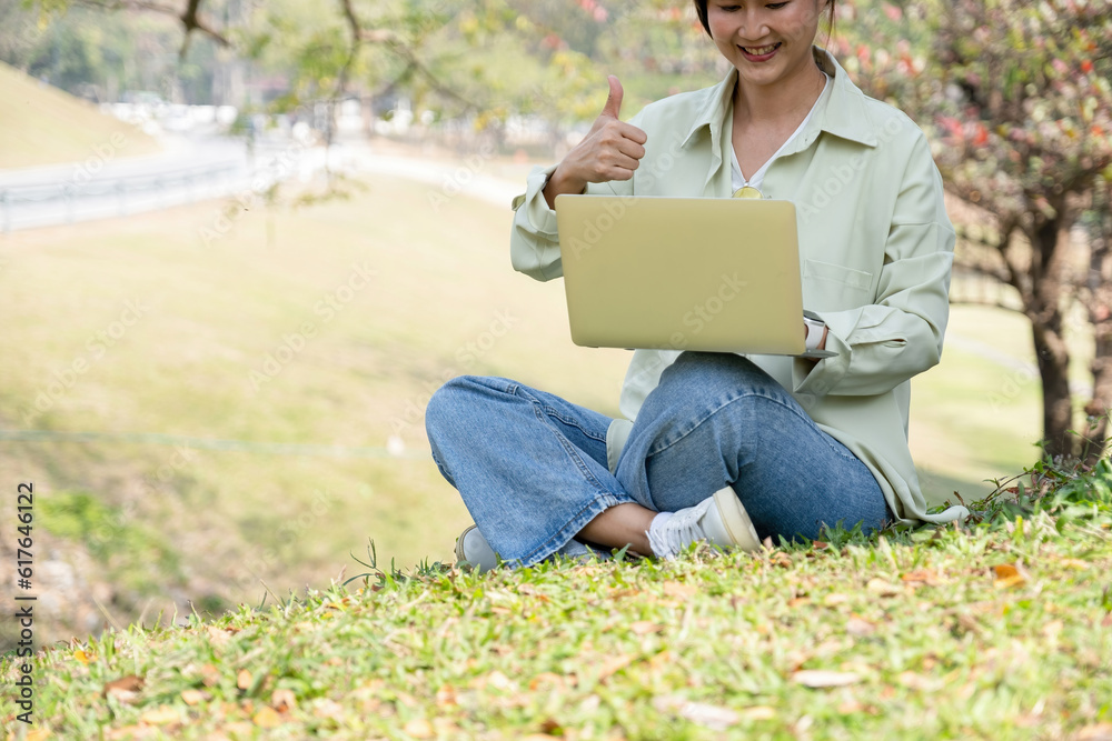Woman having video call at park. Woman having video call at park.