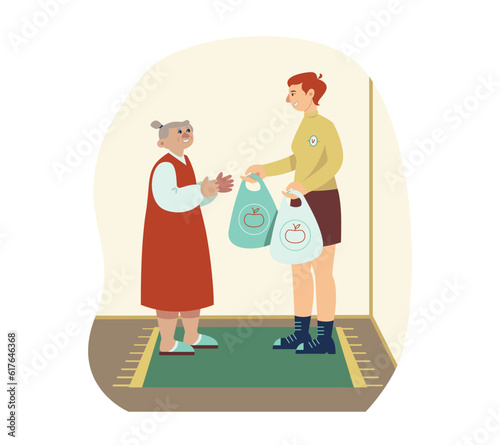 Young lady in uniform bring food for old woman. Help and care for elderly. Humanitarian assistance for aged person. Social voluntary. Flat vector illustration in warm colors