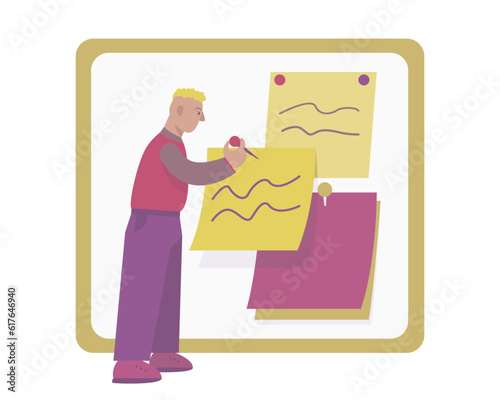 Cartoon blonde guy nails work assignments to board on paper. Business management concept. People managing schedule and work time. Time management and deadline concept. Vector