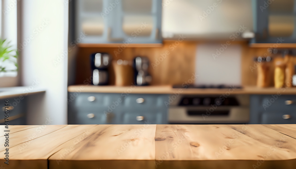 kitchen utensils on a table, Wood table top on blurred kitchen background, home, table, kitchen, floor, wooden, furniture, AI generated kitchen utensils on a table, Wood table top on blurred kitchen background, home, table, kitchen, floor, wooden, furniture, AI generated