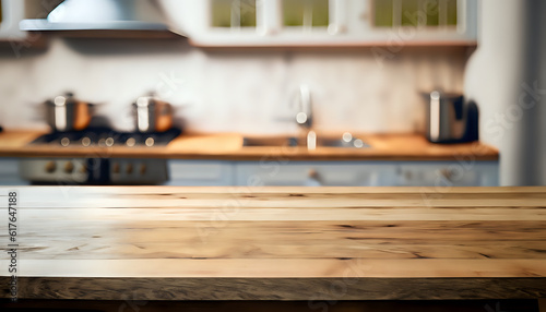 utensils, Wood table top on blurred kitchen background, cooking, cabinets, wooden, AI generated 