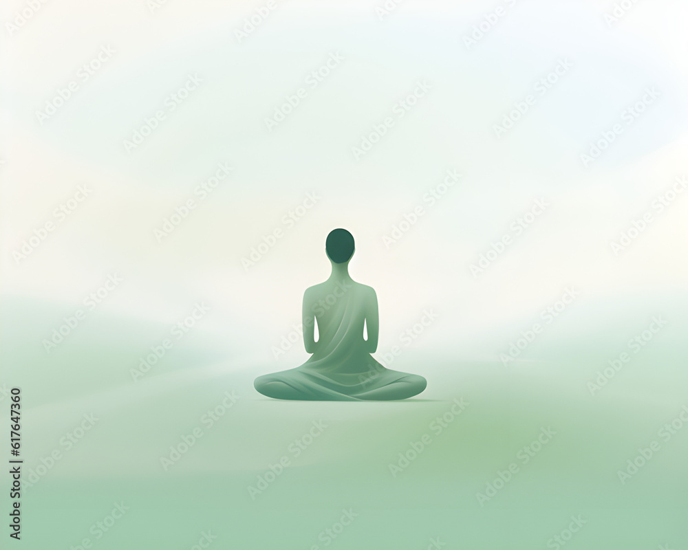 A minimalist design featuring a serene silhouette of a person sitting cross-legged in meditation. The color palette consists of soft blues and greens, representing tranquility and harmony. A minimalist design featuring a serene silhouette of a person sitting cross-legged in meditation. The color palette consists of soft blues and greens, representing tranquility and harmony.