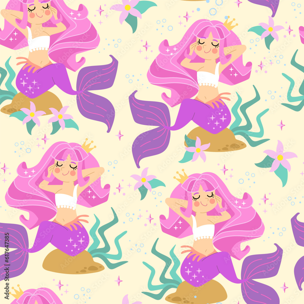 Seamless pattern with beautiful mermaid pink vector Seamless pattern with beautiful mermaid pink vector