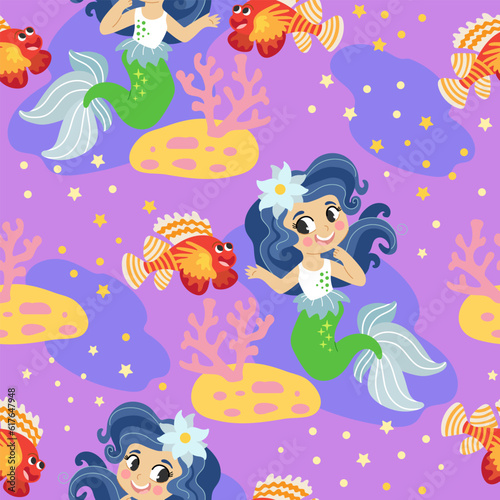Seamless pattern with mermaid on a seabed vector illustration