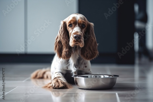 Generative AI. dog waiting food. healthy fresh ingredients for pet food. Dog food. Food for animals
