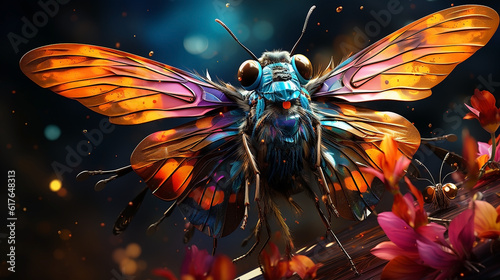 A portraight of colorful realistic mythical fly with sharp eyes and vibrant colors. 
