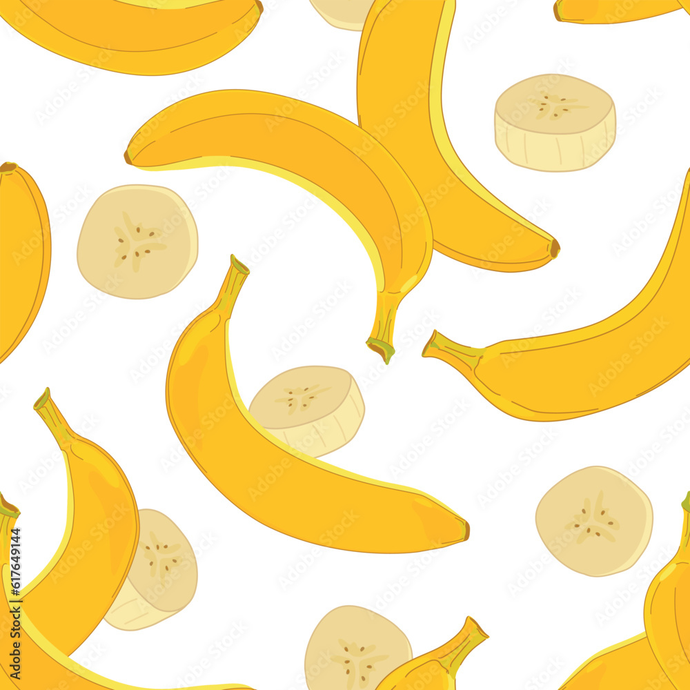 Banana seamless pattern on white background. Vector. Design for wrapping paper, textile, fabric. Yellow ripe exotic fruits whole in peel and pieces of pulp.