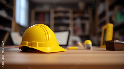 Hard hat on top table, illustration for product presentation template, copy space background. 