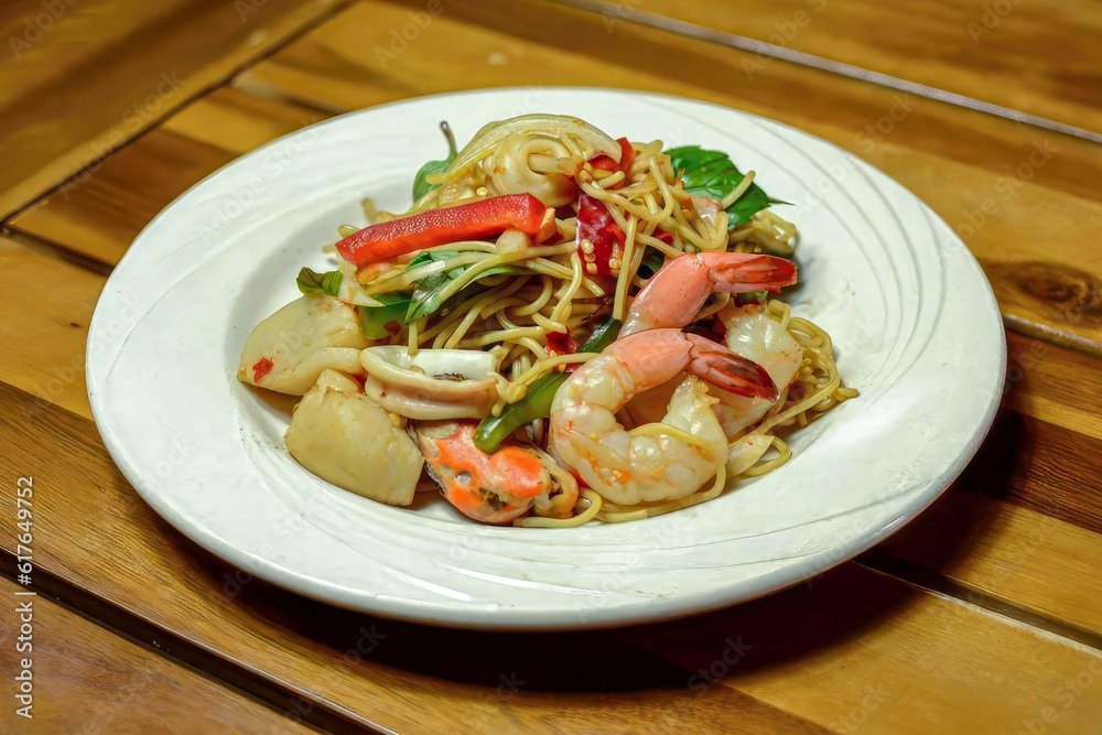 Stir-fried Spaghetti with Seafood, Stir-Fried Pasta with Kra Baow, Stir-Fried Seafood Noodles, Mixed Culture Cuisine