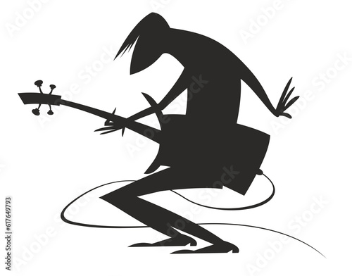 Musician playing guitar with inspiration. Black silhouette on white background