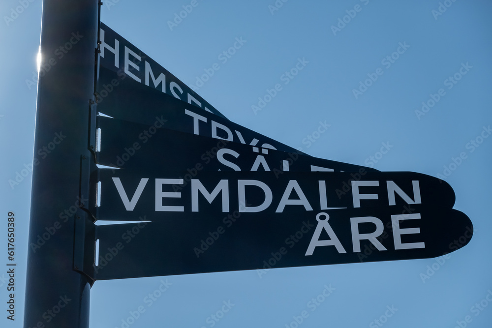 Stockholm, Sweden A directional sign on top of the Hammarbybacken ski slope pointing towards Vemdalen and Are ski areas in northern Sweden. Stockholm, Sweden A directional sign on top of the Hammarbybacken ski slope pointing towards Vemdalen and Are ski areas in northern Sweden.