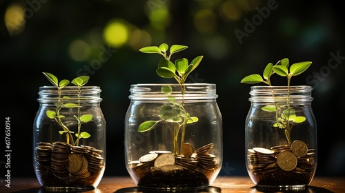 theree jars with money growing up from coins photo