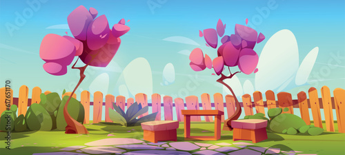 Backyard garden with table, cherry tree and chair. House back yard with furniture for outdoor summer picnic background game illustration. Empty lawn near wooden fence on courtyard with pavement area
