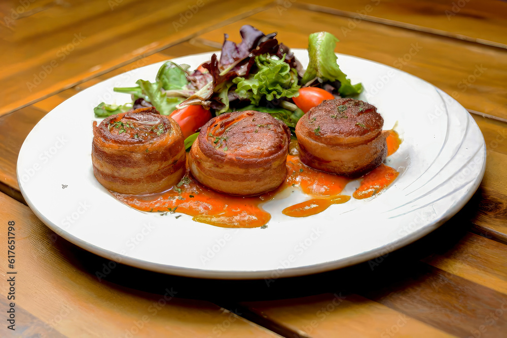 Grilled Scallops with Sweet and Sour Sauce Served with salad, Sautéed Scallops, Scallop Grenobloise on the plate on the table in the restaurant Grilled Scallops with Sweet and Sour Sauce Served with salad, Sautéed Scallops, Scallop Grenobloise on the plate on the table in the restaurant