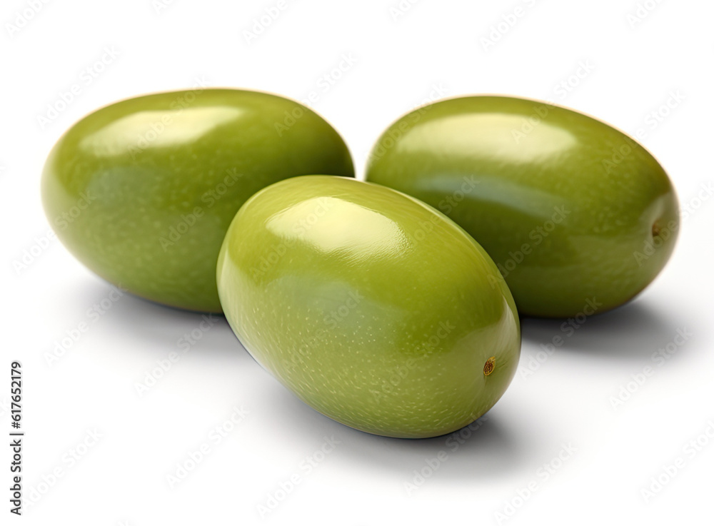 Three green olives isolated on a white background. Generative AI Three green olives isolated on a white background. Generative AI