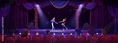 Ballet dancer show on stage with curtain background. Woman and man couple on broadway theater scene with audience. Spotlight at night theatrical and dramatic event on podium. Theatre hall interior