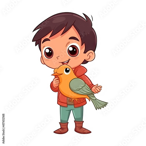 Cartoon character of kid holding bird on white background