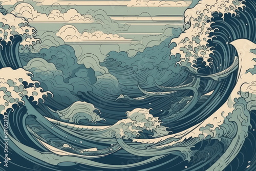 Abstract Hokusai style background, Waves with sea