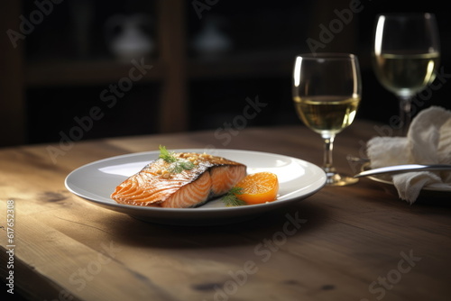 salmon steak on the dish with white wine on wood table