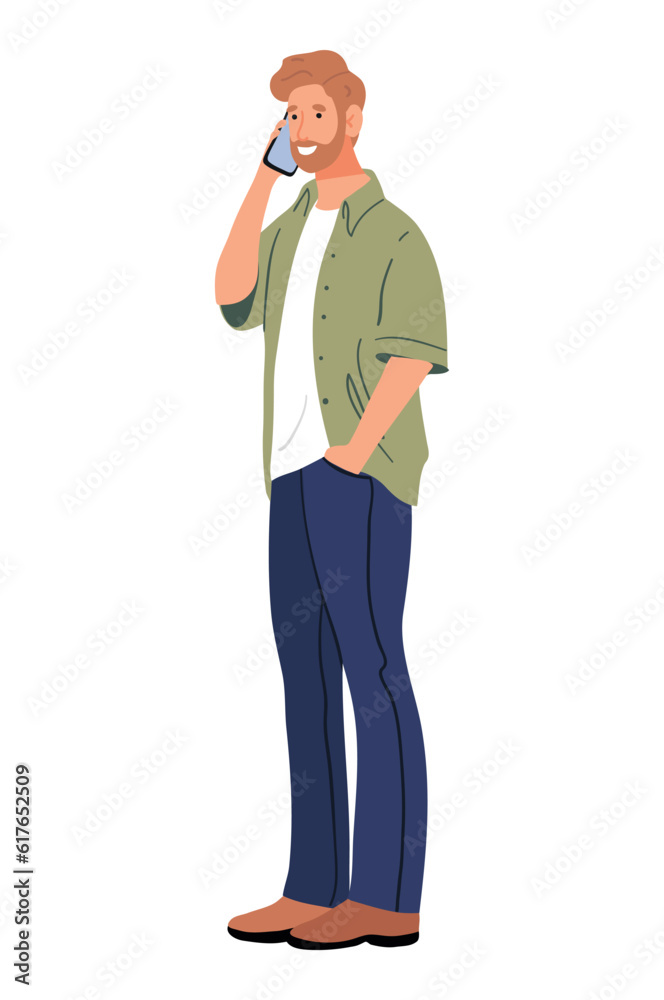 Guy student uses smartphone, communication concept, social networks, gadgets. A bearded man is talking on the phone, a modern character in jeans and a shirt. Flat vector illustration isolated Guy student uses smartphone, communication concept, social networks, gadgets. A bearded man is talking on the phone, a modern character in jeans and a shirt. Flat vector illustration isolated