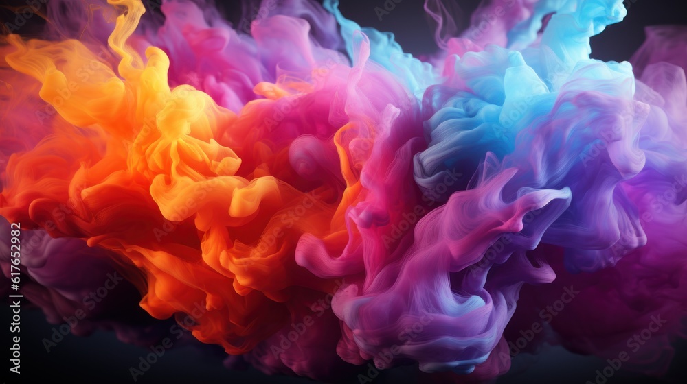 Colorful smoke clouds resembling a virtual world in a digital image. These clouds create an energetic atmosphere that represents the flow of information and data. Created with Generative AI
