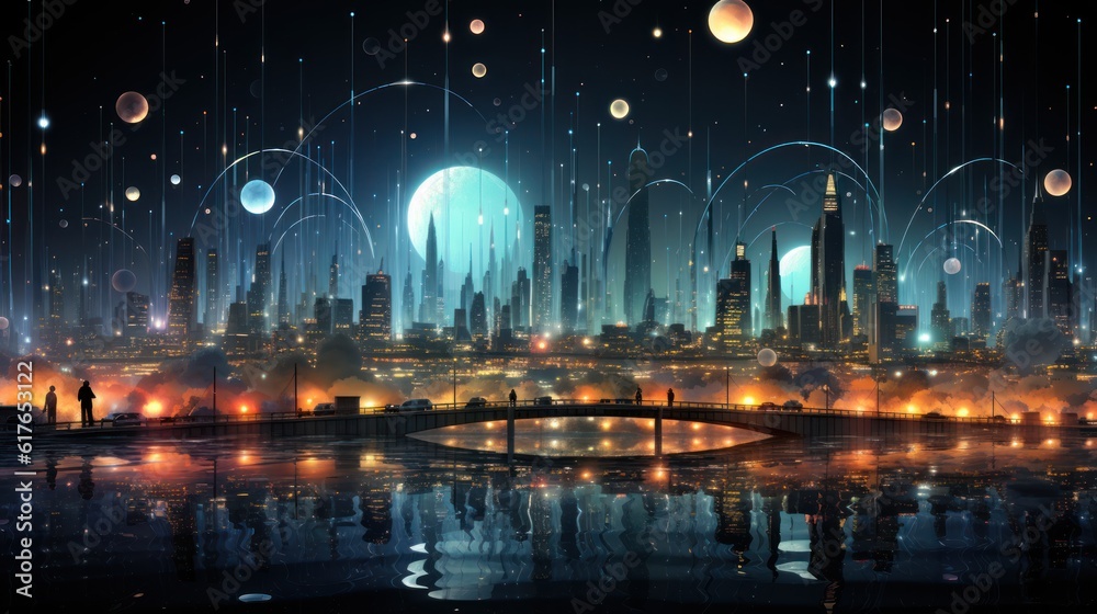 A cityscape illuminated by a network of abstract dot points, interlinked with gradient lines, epitomizing the seamless integration of technology in a smart city. Created with Generative AI A cityscape illuminated by a network of abstract dot points, interlinked with gradient lines, epitomizing the seamless integration of technology in a smart city. Created with Generative AI